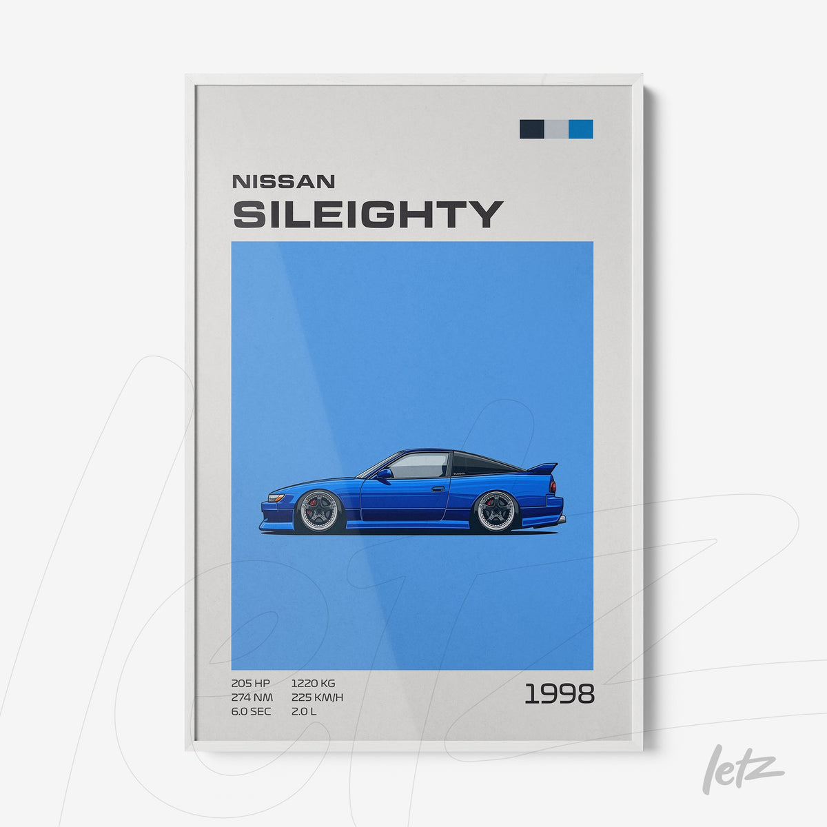 quadro com arte digital de um carro Nissan Sileighty em fundo azul e moldura branca