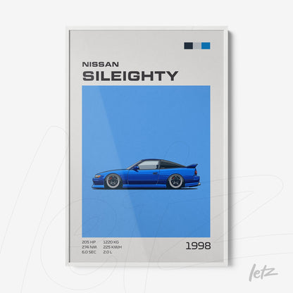 quadro com arte digital de um carro Nissan Sileighty em fundo azul e moldura branca