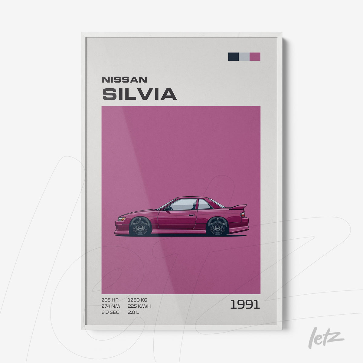 quadro com ilustração de carro clássico Nissan Silvia em fundo rosa vibrante e moldura branca