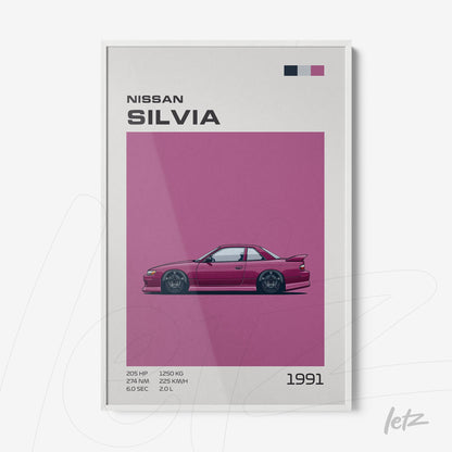quadro com ilustração de carro clássico Nissan Silvia em fundo rosa vibrante e moldura branca