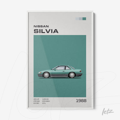 quadro com ilustração do carro Nissan Silvia de 1988 em moldura branca, fundo verde-água e detalhes gráficos