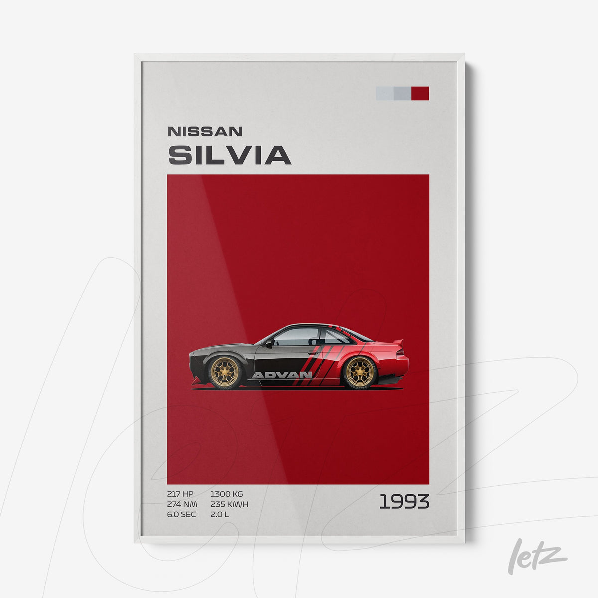 quadro com arte do carro Nissan Silvia em fundo vermelho com detalhes gráficos