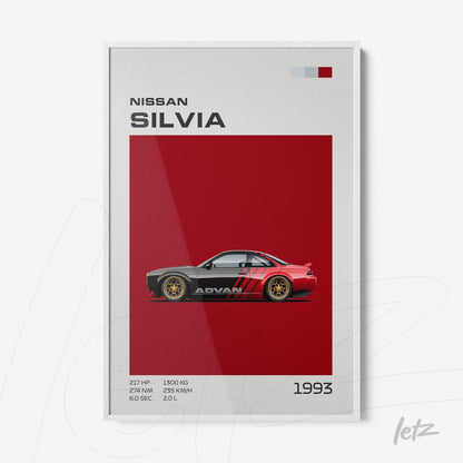 quadro com arte do carro Nissan Silvia em fundo vermelho com detalhes gráficos