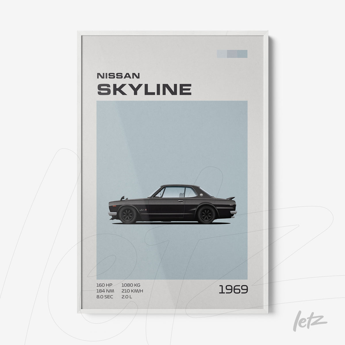 quadro decorativo com ilustração do carro Nissan Skyline de 1969 em moldura branca