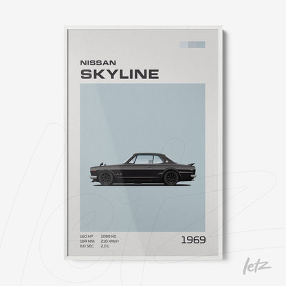 quadro decorativo com ilustração do carro Nissan Skyline de 1969 em moldura branca