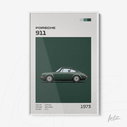 quadro com ilustração de um Porsche 911 de 1973 em fundo verde escuro e moldura branca