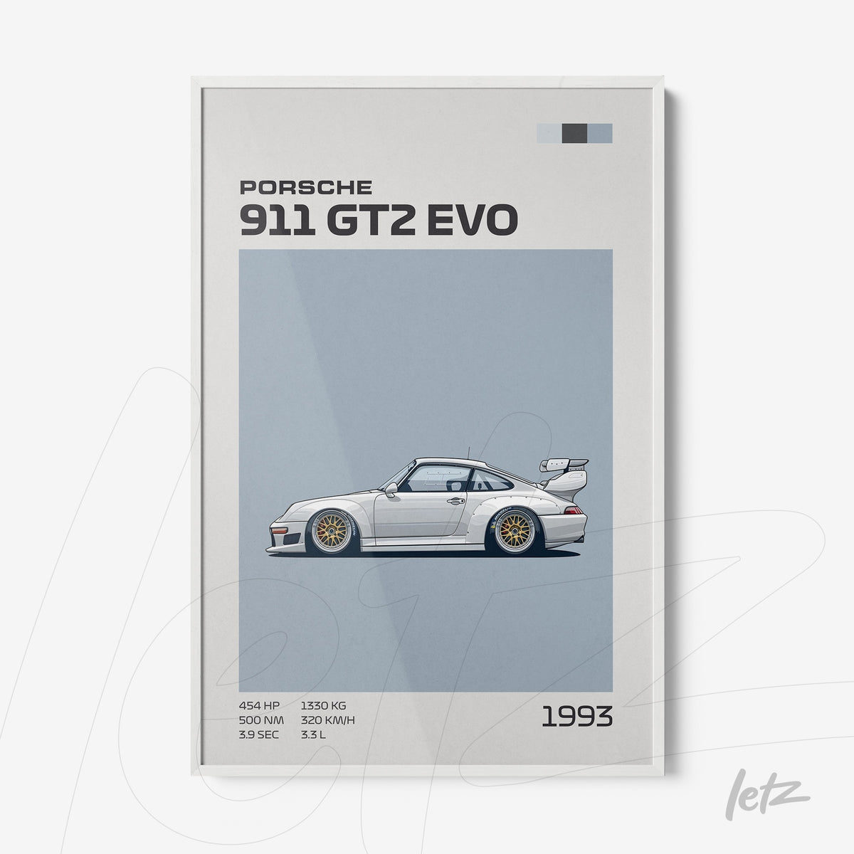 quadro com arte digital do Porsche 911 GT2 Evo de 1993 em moldura branca