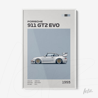 quadro com arte digital do Porsche 911 GT2 Evo de 1993 em moldura branca