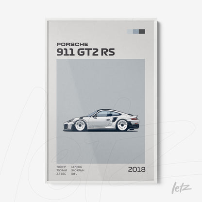 quadro com arte digital do carro esportivo Porsche 911 GT2 RS em moldura branca