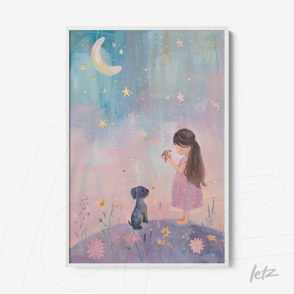 quadro com arte infantil de menina com vestido rosa e cachorro, céu estrelado em fundo azul e lilás