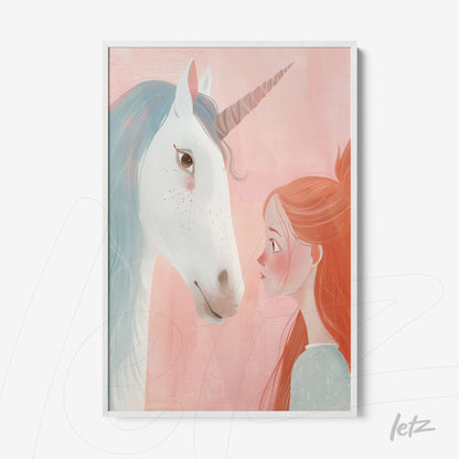 quadro com ilustração infantil de menina olhando para unicórnio em moldura branca