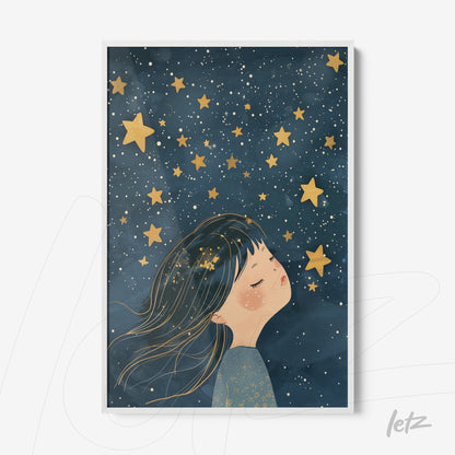 quadro com ilustração de garota em meio a estrelas douradas em fundo azul escuro, moldura branca
