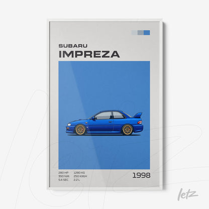 quadro com ilustração de um Subaru Impreza de 1998 em fundo azul e moldura branca