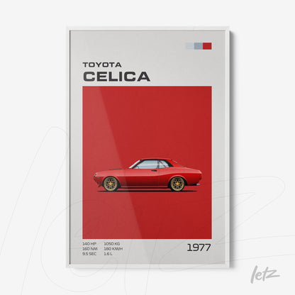 quadro com arte de carro vintage Toyota Celica de 1977 em fundo vermelho vibrante e moldura branca