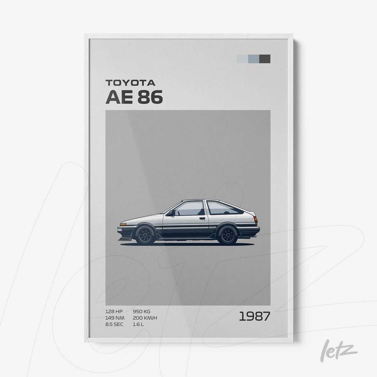 quadro com ilustração do carro Toyota AE86 em moldura branca, destacando especificações técnicas e um fundo cinza liso