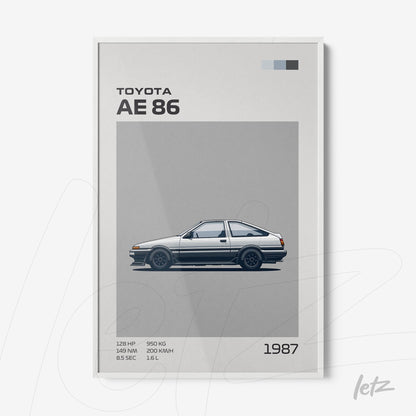 quadro com ilustração do carro Toyota AE86 em moldura branca, destacando especificações técnicas e um fundo cinza liso