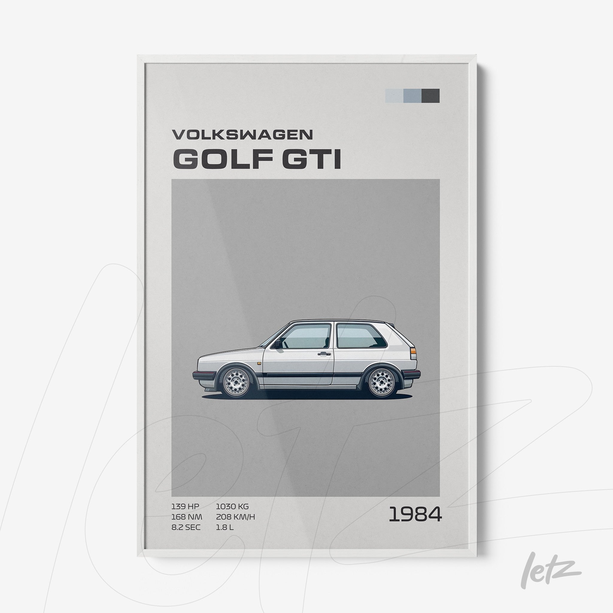 quadro com arte digital do carro Volkswagen Golf GTI de 1984 em moldura branca