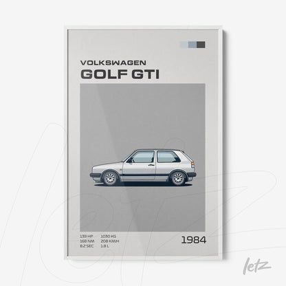 quadro com arte digital do carro Volkswagen Golf GTI de 1984 em moldura branca