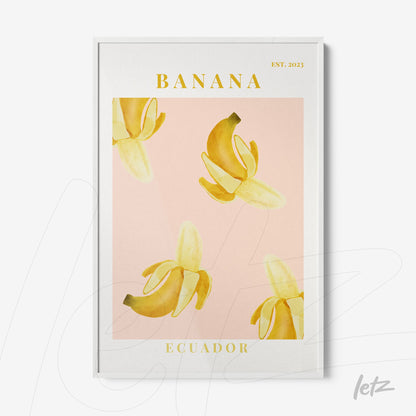 quadro com arte de bananas em tinta amarela sobre fundo rosa, com texto 'BANANA' e 'ECUADOR' em letras douradas, moldura branca