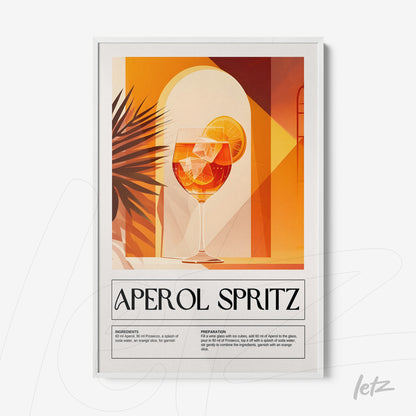 quadro com arte digital ilustrando um drink Aperol Spritz em moldura branca