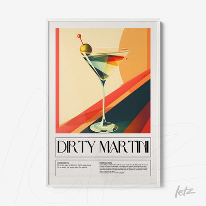 quadro com arte estilizada de drink dirty martini em moldura branca, fundo com traços coloridos e texto descritivo na parte inferior