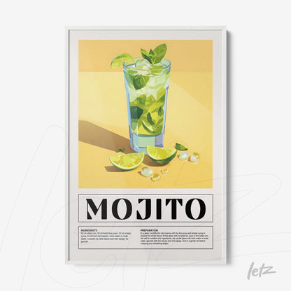 quadro com arte gráfica do drink mojito em moldura branca, com fundo amarelo e limões ilhados ao lado do copo