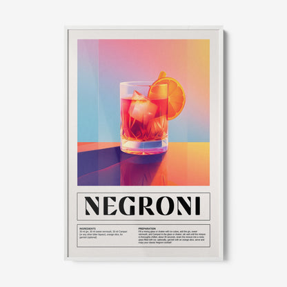 quadro com arte digital de um drink Negroni em copo com gelo, fundo em gradiente vibrante e moldura branca