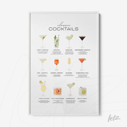 quadro emoldurado com ilustrações de coquetéis clássicos como margarita e piña colada, sobre fundo branco