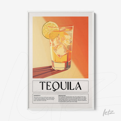 quadro com arte retrô de drink tequila em moldura branca com fundo laranja