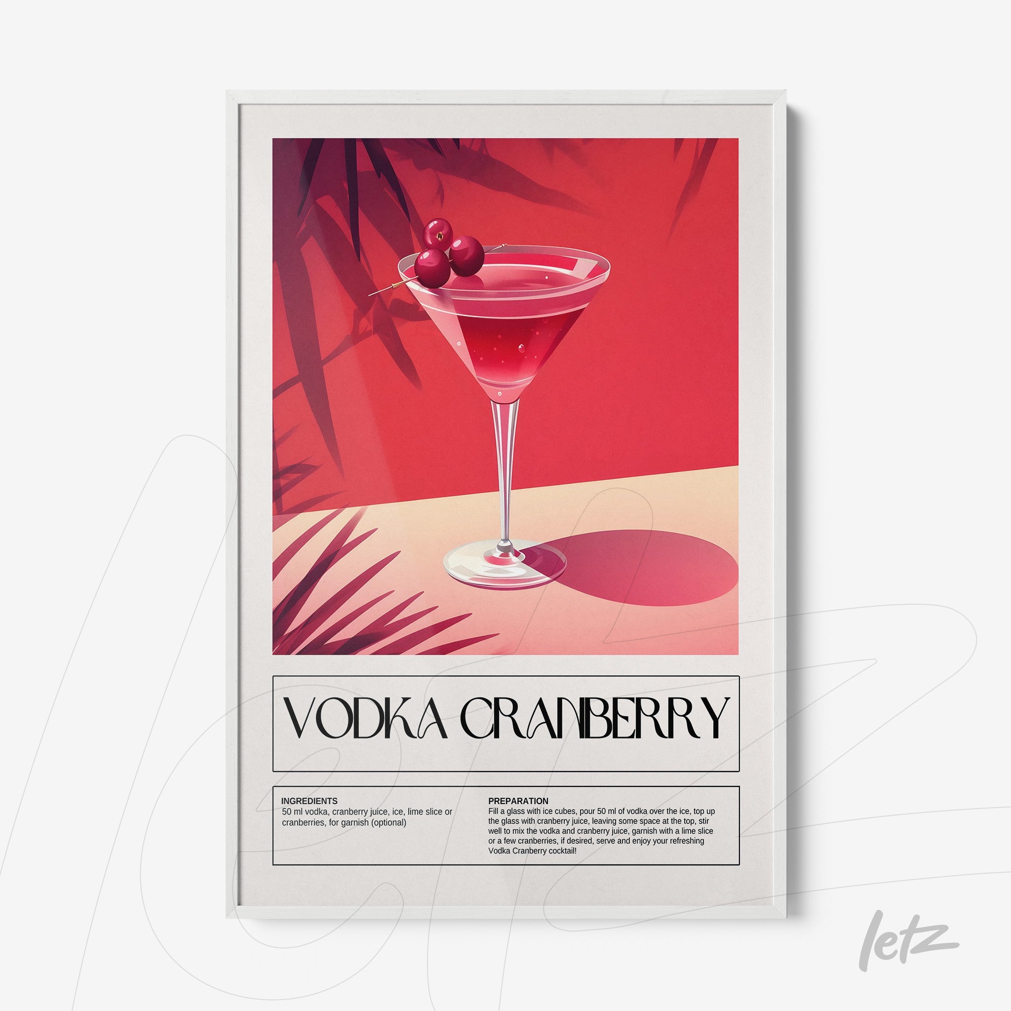 quadro com arte de drink vodka cranberry em moldura branca, com fundo rosa vibrante e detalhes de folhas verdes