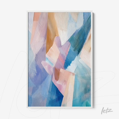 quadro com arte abstrata em tons de azul, rosa e laranja em moldura branca