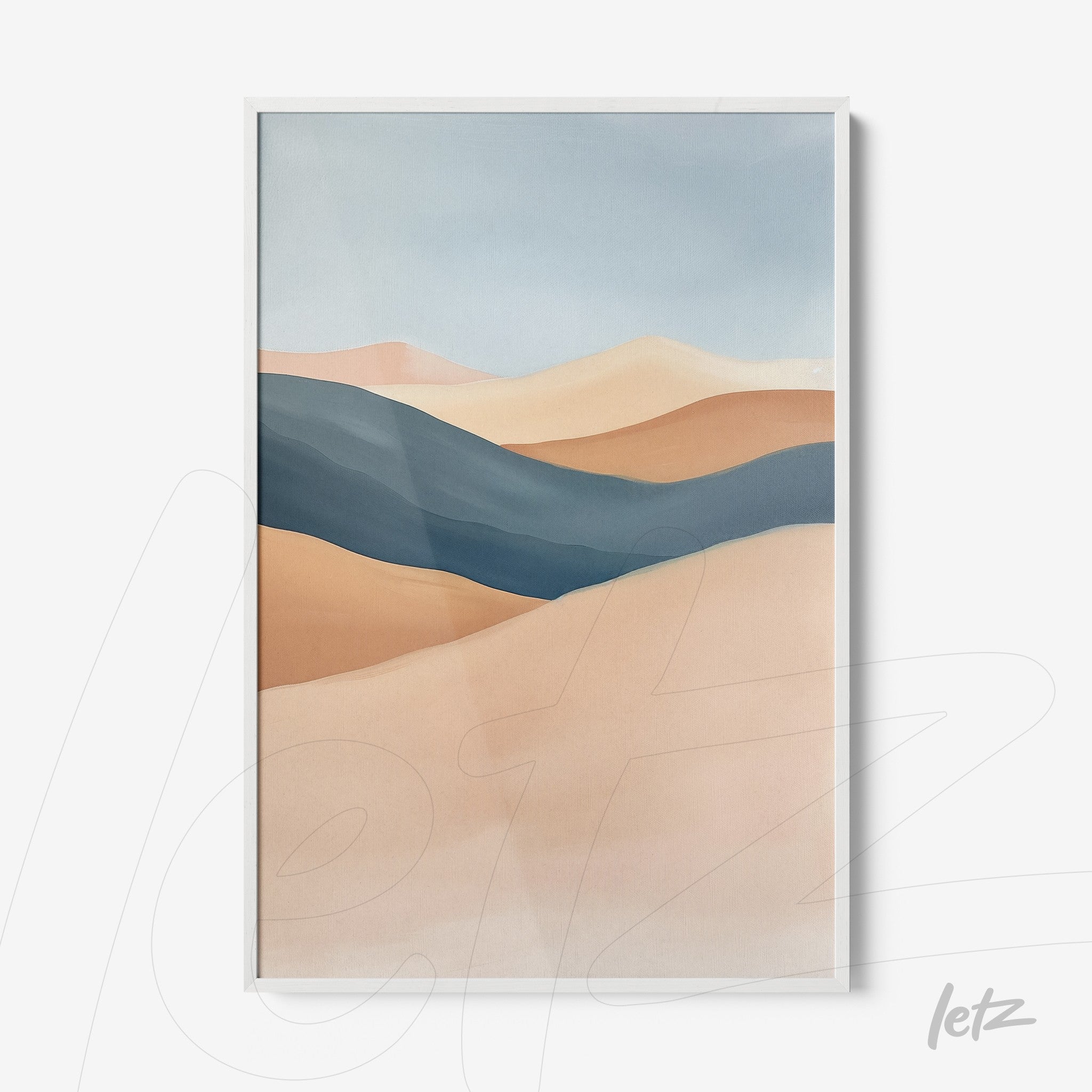 quadro decorativo com arte abstrata de paisagem em tons terrosos e azuis, moldura branca