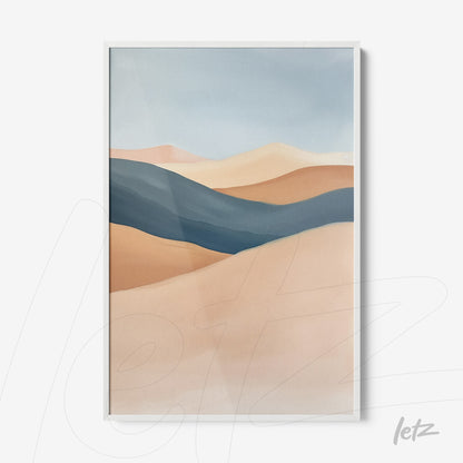 quadro decorativo com arte abstrata de paisagem em tons terrosos e azuis, moldura branca