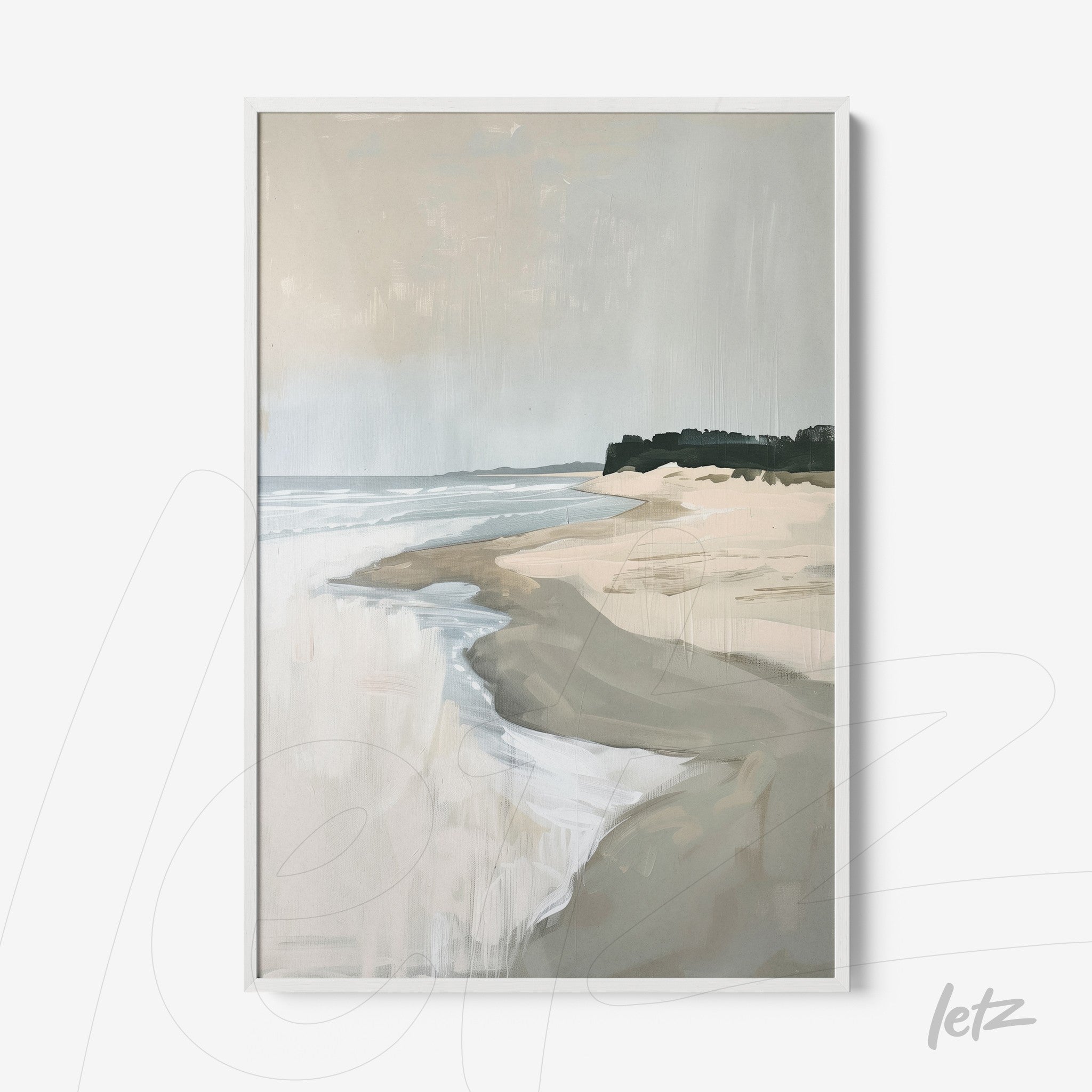 quadro com arte abstrata de paisagem de praia em moldura branca