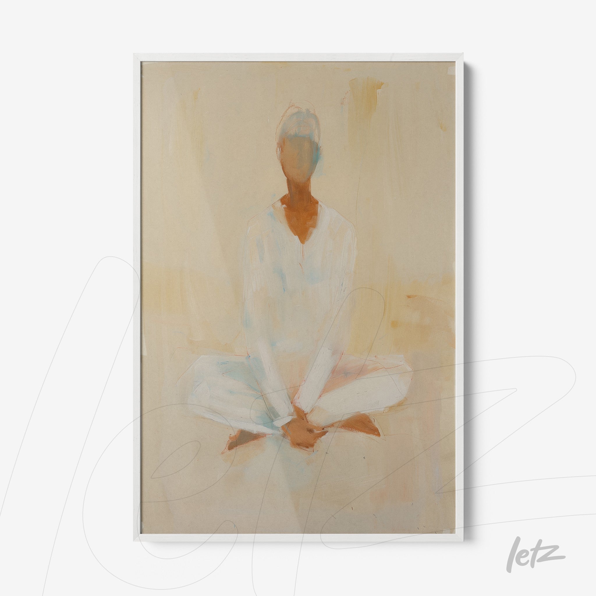 quadro com arte abstrata de uma figura sentada em posição de meditação, moldura branca fina e fundo em tons pastel