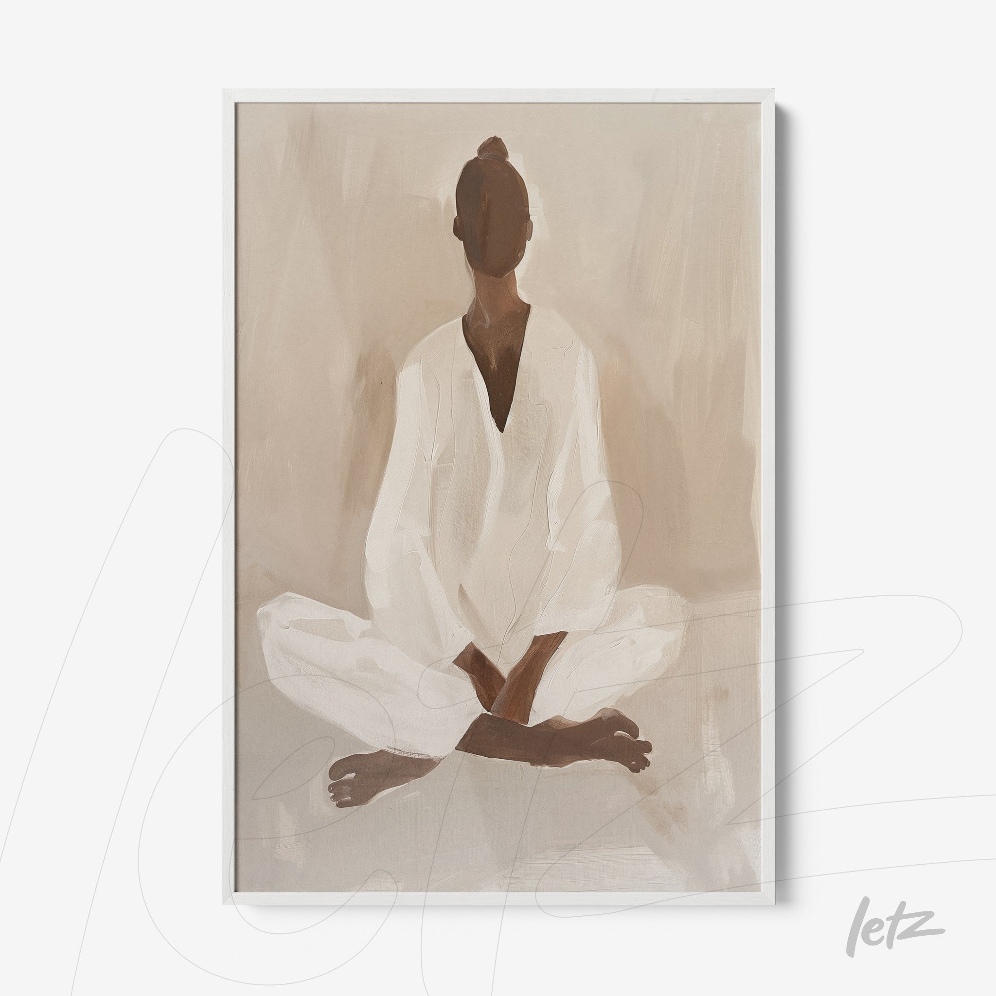 quadro com arte abstrata de figura feminina sentada em postura de meditação, moldura branca
