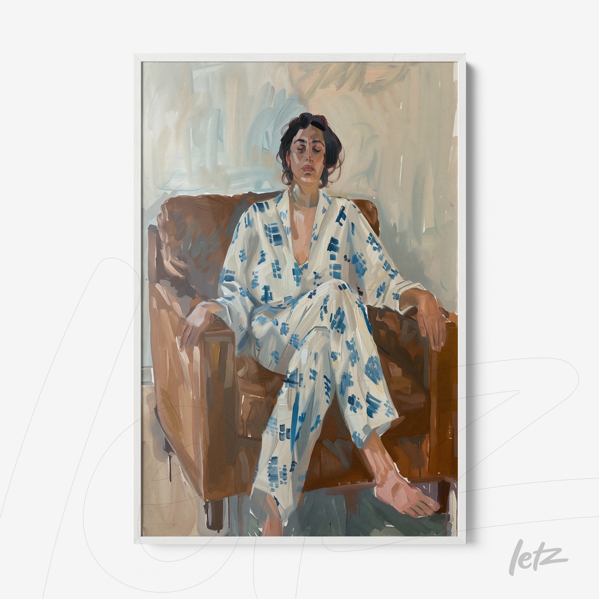 quadro com retrato expressionista de mulher em roupa listrada sentada em sofá marrom, moldura branca
