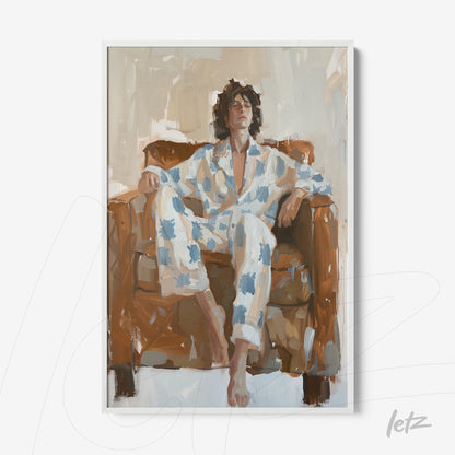 quadro com arte moderna retratando uma pessoa sentada em um sofá marrom, vestindo pijama com padrões azuis