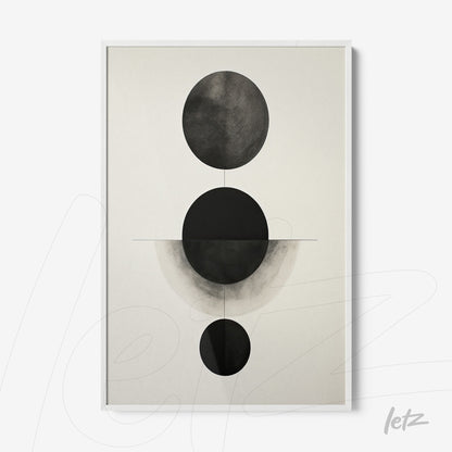 quadro com arte abstrata em preto e branco, apresentando círculos sobre fundo claro com moldura branca