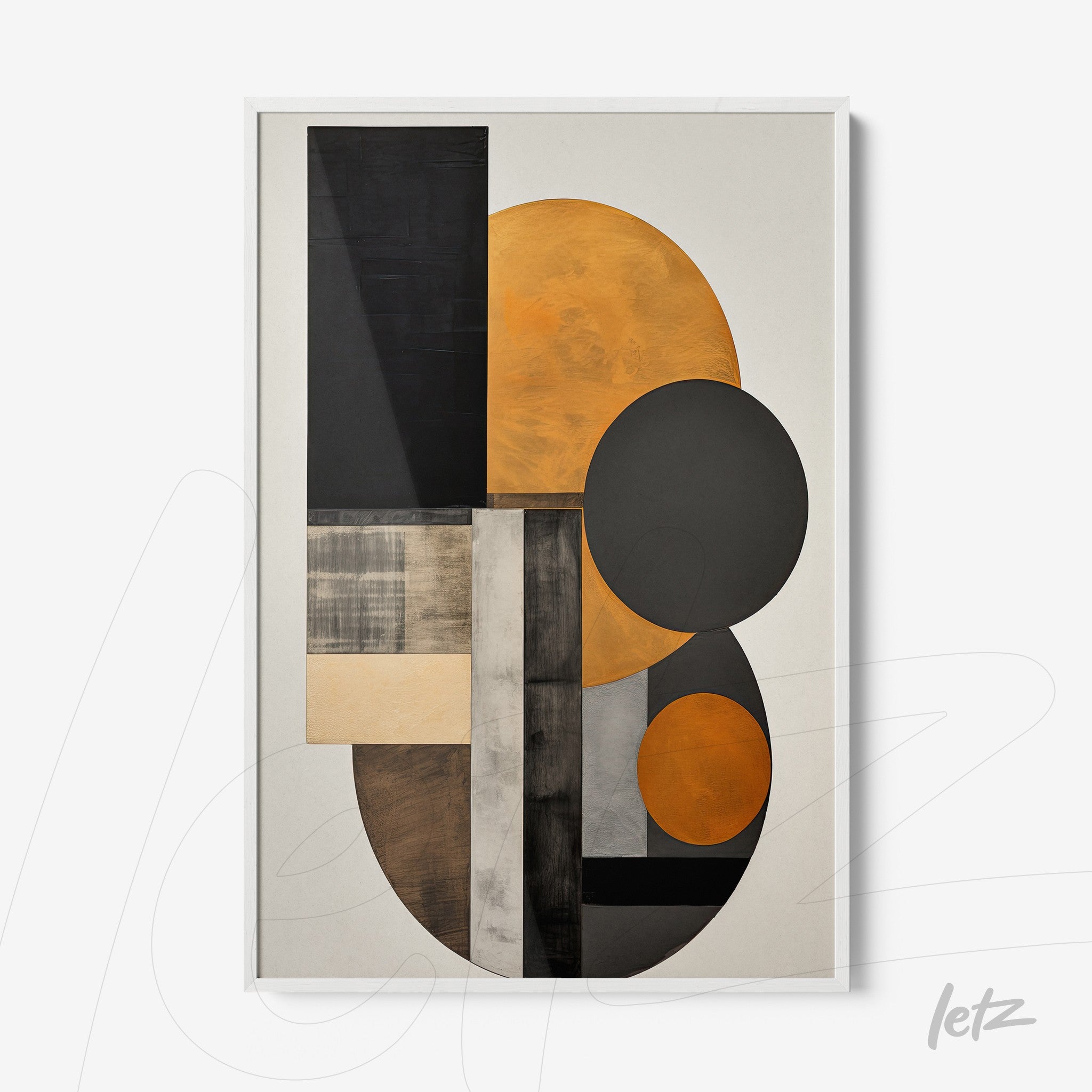 quadro com arte abstrata em tons de laranja e preto, moldura branca fina