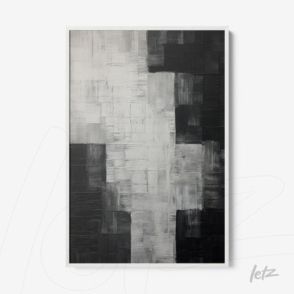 quadro abstrato em preto e branco com texturas em camadas, moldura branca