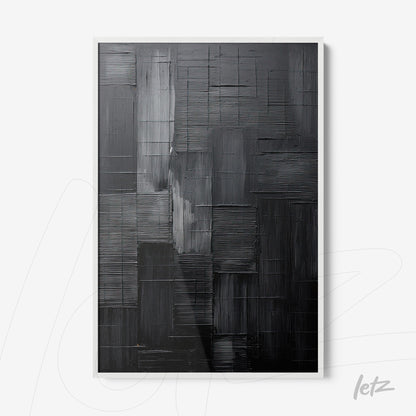 quadro com textura abstrata em tons de preto e cinza em moldura branca