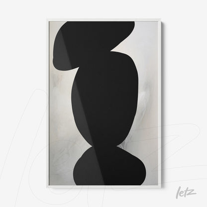 quadro com arte abstrata em preto em fundo claro, moldura branca elegante