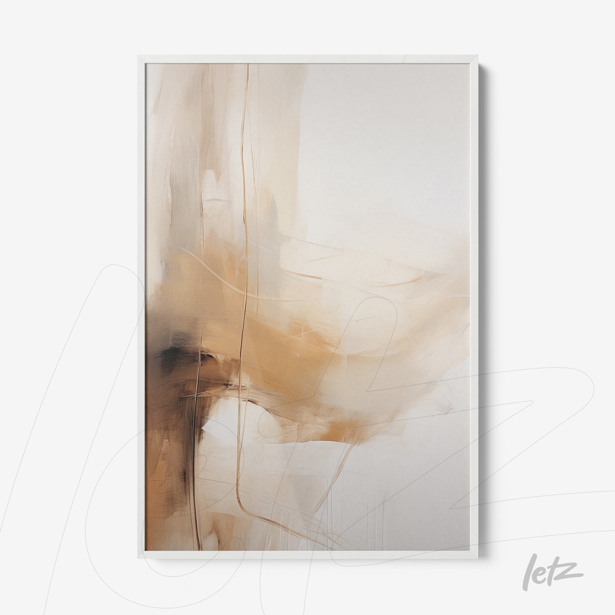 quadro abstrato em tons de bege e marrom com moldura branca