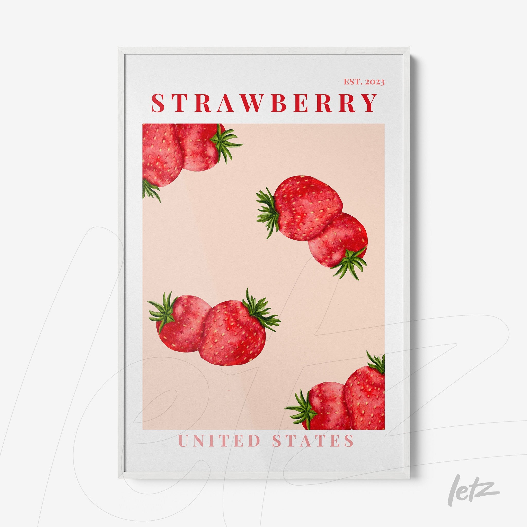 quadro com arte digital de morangos em fundo rosa claro, moldura branca