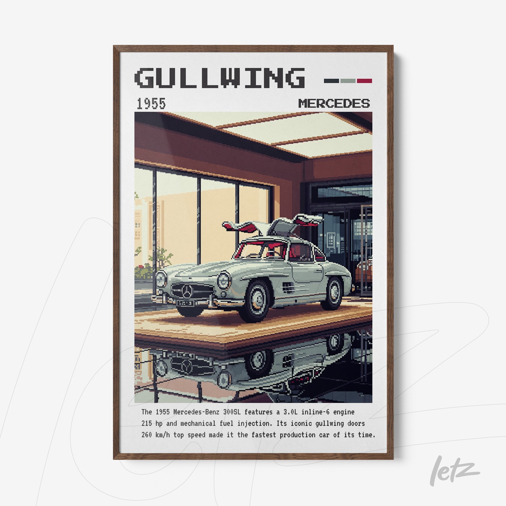 quadro com ilustração do carro Mercedes-Benz 300SL Gullwing de 1955, com detalhes em pixel art e moldura de madeira escura