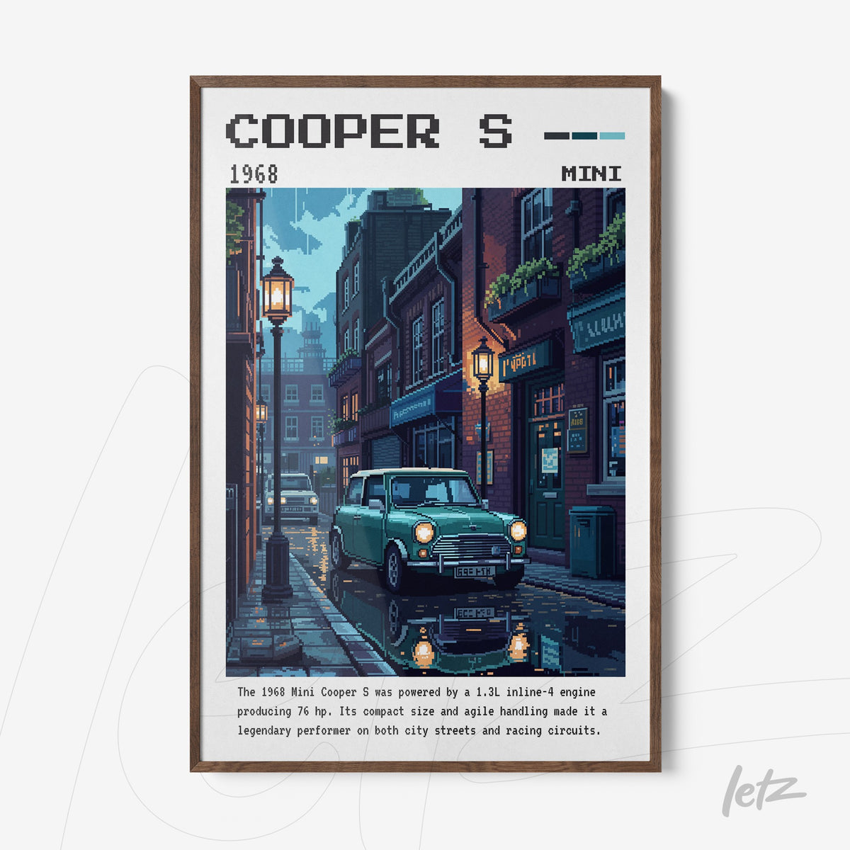 quadro com arte digital de um carro Mini Cooper S em uma rua histórica com lanternas acesas e reflexos na poça d'água
