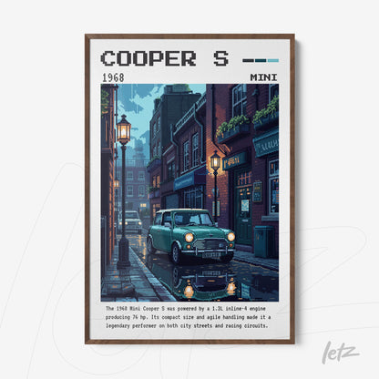 quadro com arte digital de um carro Mini Cooper S em uma rua histórica com lanternas acesas e reflexos na poça d'água