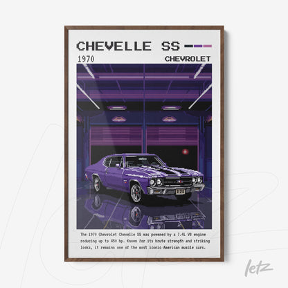 quadro com arte digital do carro Chevelle SS 1970 em moldura de madeira escura sobre fundo roxo