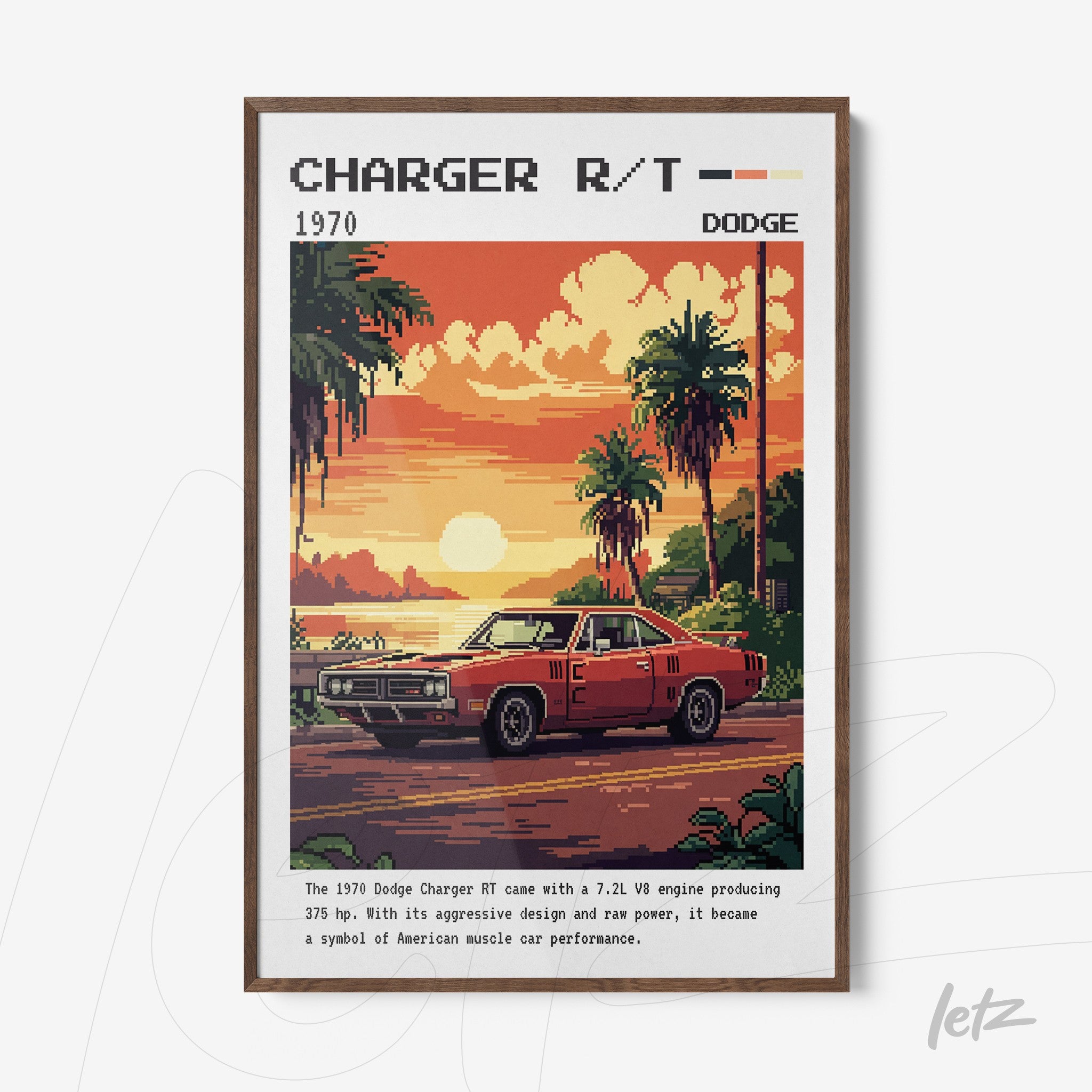 quadro com arte retro do Dodge Charger R/T 1970 em moldura de madeira escura, apresentando um carro vermelho em um cenário tropical ao pôr do sol
